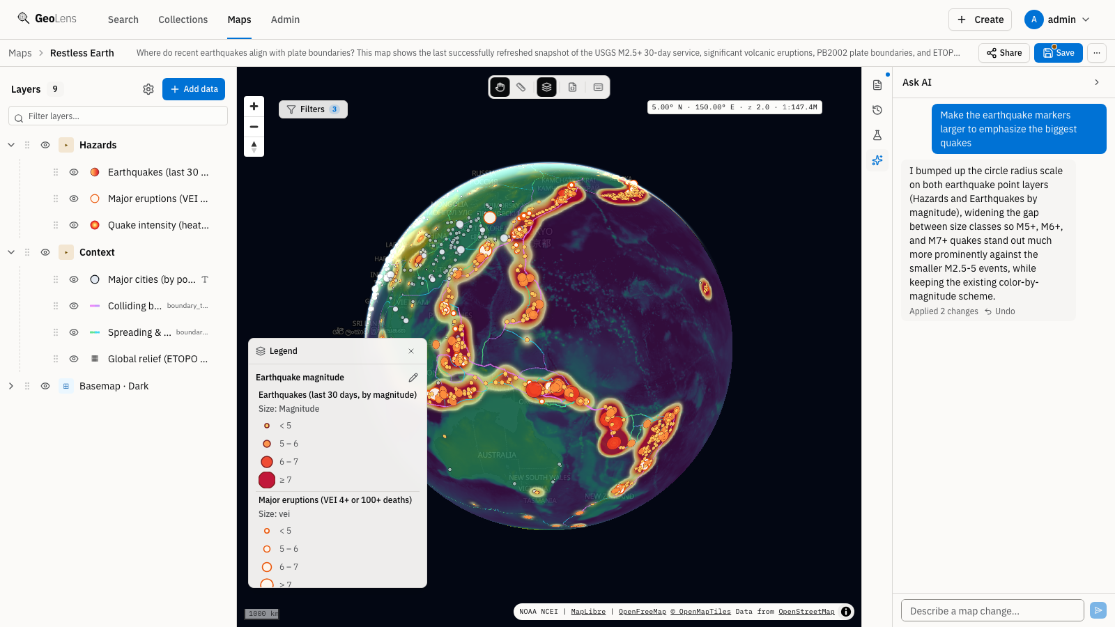 GeoLens "Ask AI" assistant panel open beside the "Restless Earth" tectonics map, showing a plain-language request to enlarge the earthquake markers and the assistant's confirmation that it applied the change