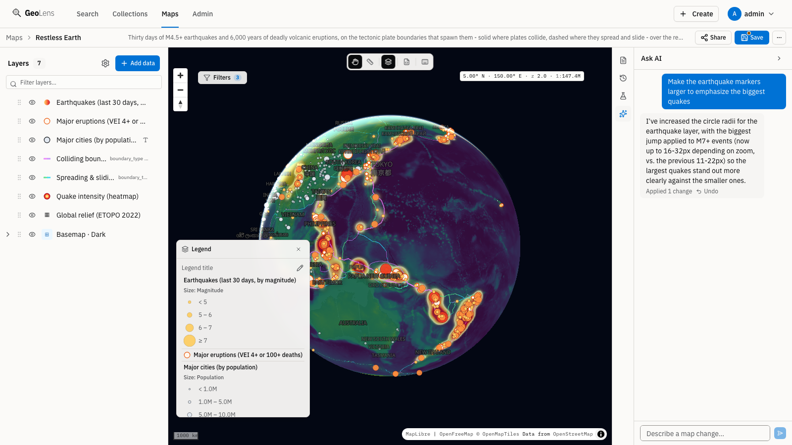 GeoLens "Ask AI" assistant panel open beside the "Restless Earth" tectonics map, showing a plain-language request to enlarge the earthquake markers and the assistant's confirmation that it applied the change