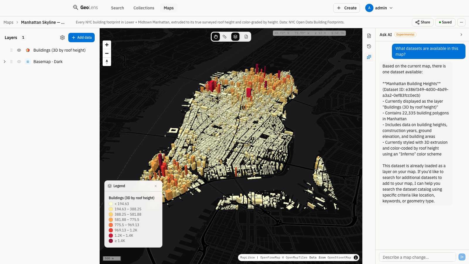 GeoLens "Ask AI" assistant panel open beside a 3D Manhattan building-heights map, showing a natural-language request and the assistant's response