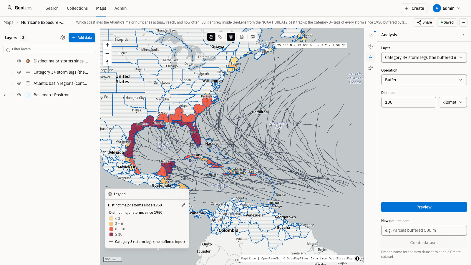 GeoLens map builder on the Hurricane Exposure map with the Analysis panel open: a Buffer operation configured on the storm-track layer, beside a coastal choropleth of how many major hurricanes reach each region