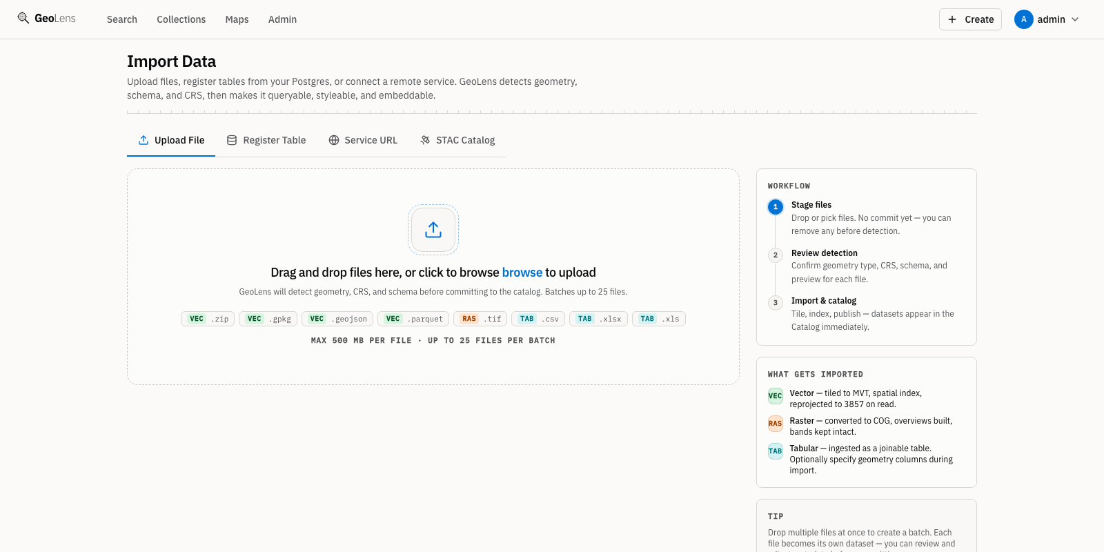 GeoLens dataset detail page post-ingest showing metadata fields, geometry type, feature count, and an extent thumbnail
