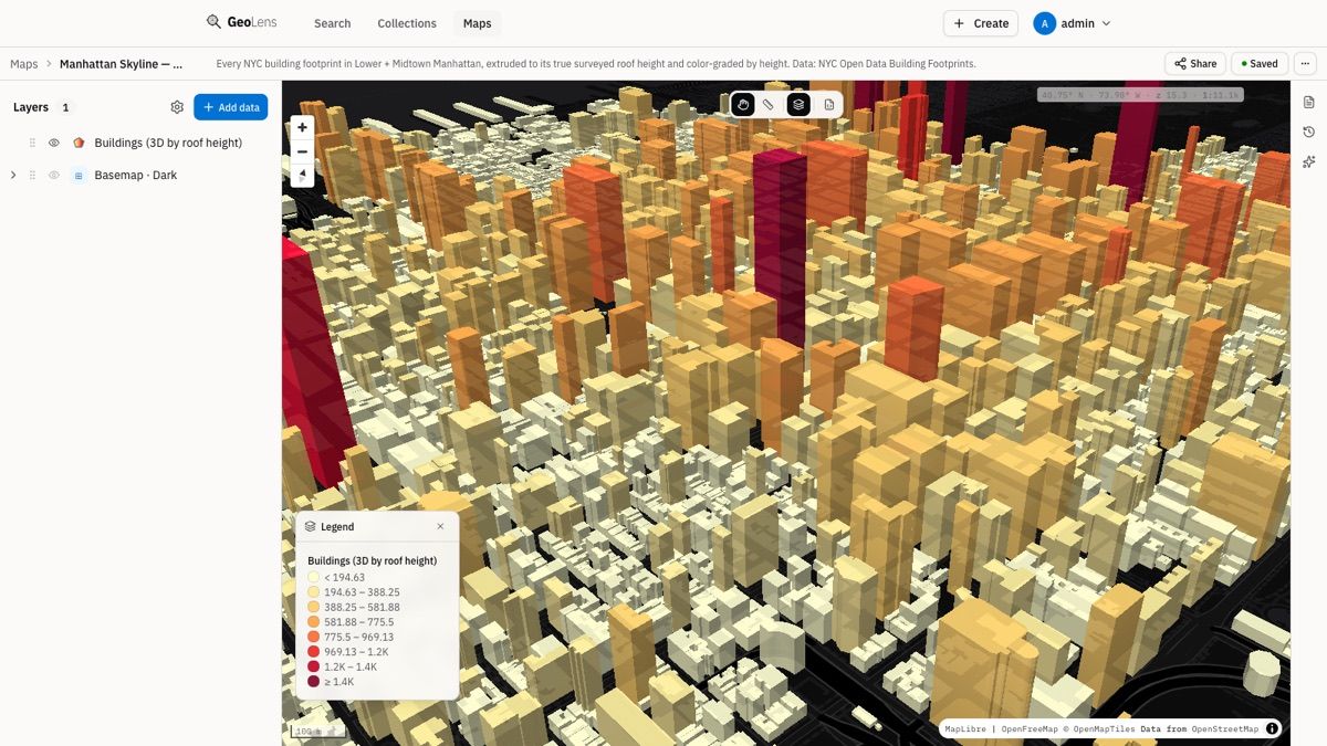 GeoLens map builder rendering a 3D view of the Manhattan skyline — buildings extruded and colored by real roof height over a dark basemap, with the layer panel
