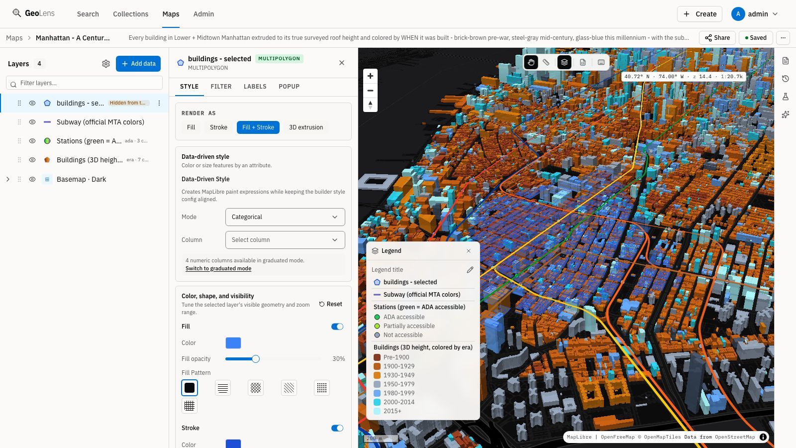 GeoLens map builder rendering a 3D view of the Manhattan skyline: every building extruded to its true height and colored by the era it was built, over a dark basemap, with the drag-orderable layer stack and the style editor open