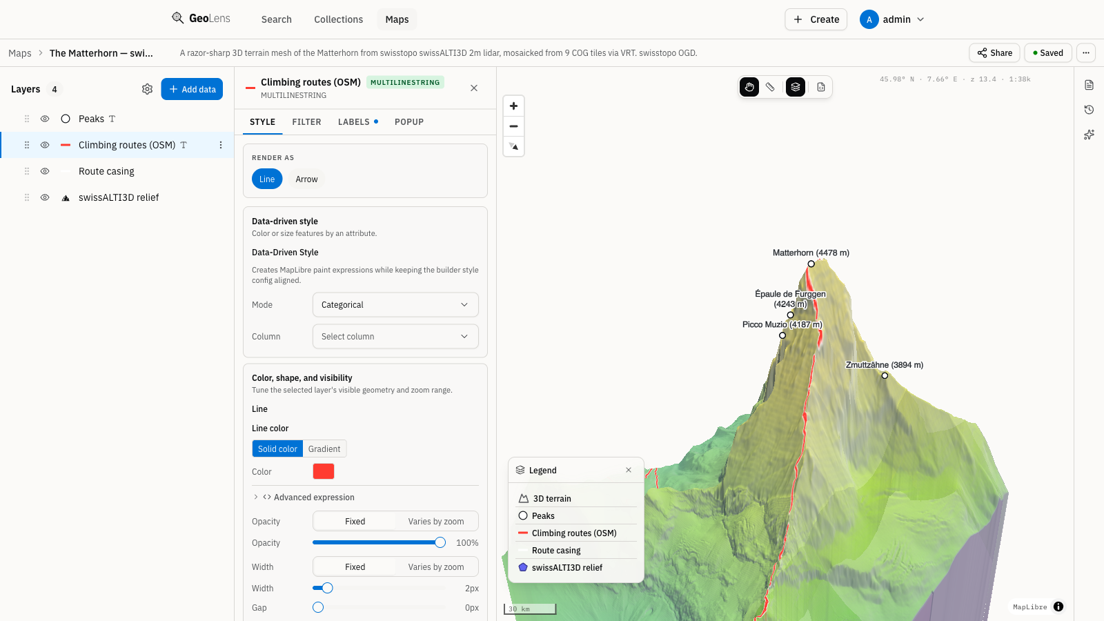 GeoLens map builder showing a 3D terrain map of the Matterhorn — labeled peaks and climbing routes over shaded relief — with the layer stack on the left and the layer style editor open