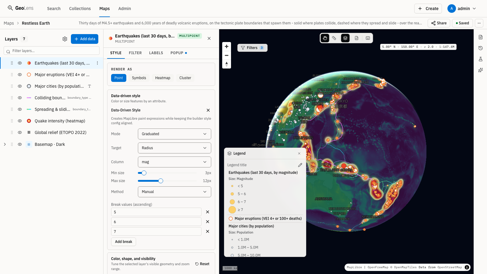 GeoLens map builder showing the multi-layer "Restless Earth" map — earthquakes, volcanic eruptions, tectonic plate boundaries, and a quake-intensity heatmap over global relief — with all seven layers in the stack and the earthquake style editor open