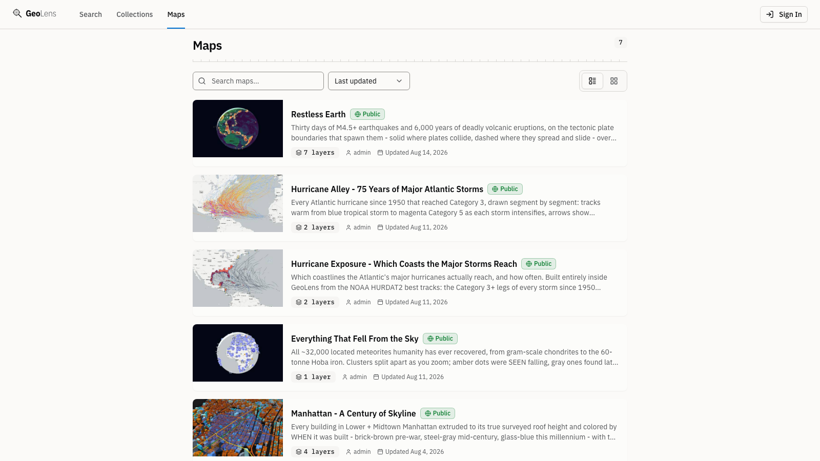 A populated GeoLens catalog showing dataset cards (vector and raster) with type badges, a faceted filter sidebar, and the search bar