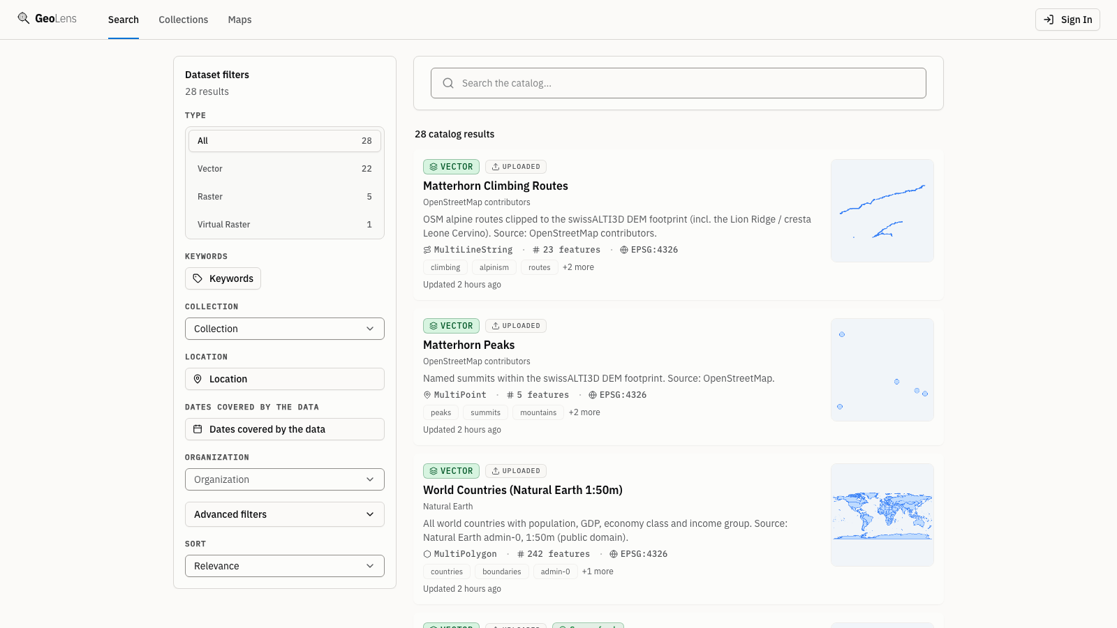 The signed-out GeoLens catalog with no query typed: dataset cards (vector) with type badges and thumbnails, a faceted filter sidebar with type, keywords, collection, location, dates, and organization, and the search bar, with a Sign In button in the header