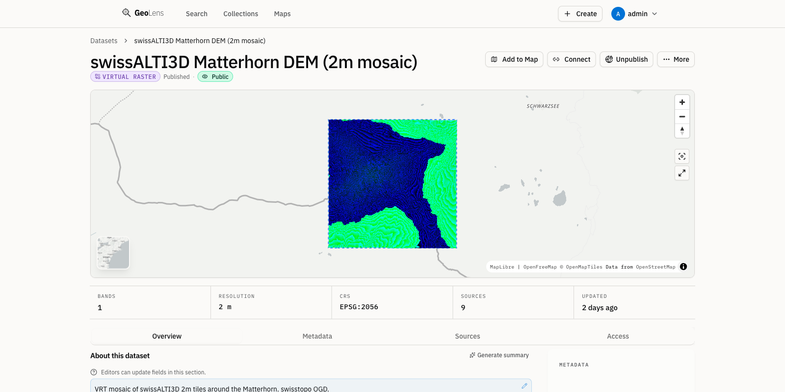 GeoLens dataset detail page for the swissALTI3D Matterhorn DEM — a Virtual Raster mosaic stitched from 9 source tiles — showing the Virtual Raster badge, the source count, and a colormapped elevation preview