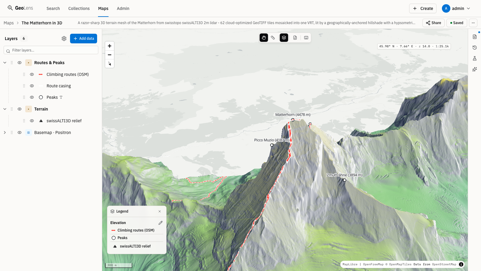 GeoLens map builder rendering the Matterhorn as a 3D terrain mesh — a Virtual Raster mosaic of dozens of swissALTI3D COG tiles served as tiles via Titiler — with labeled peaks, climbing routes, the layer stack, and a legend