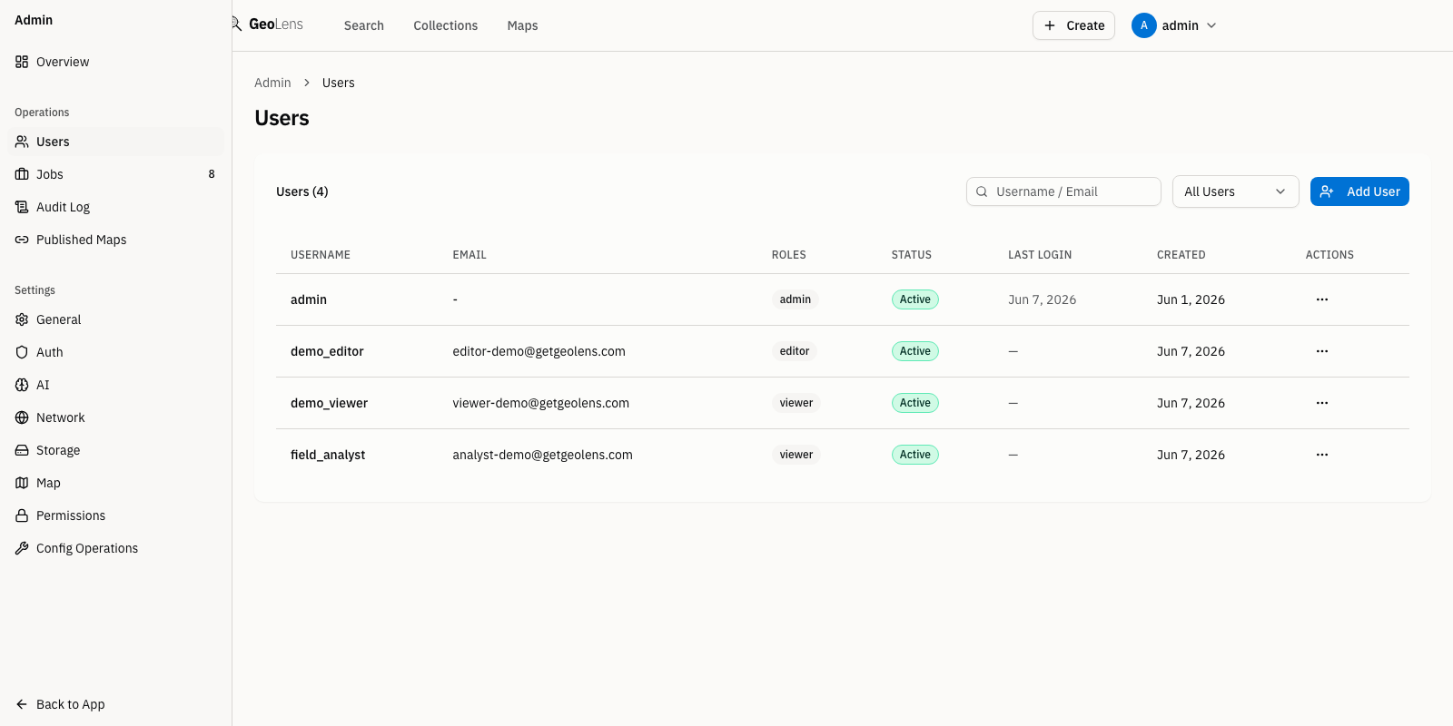 GeoLens admin users page showing the user list with role assignments, approval status, and per-user actions