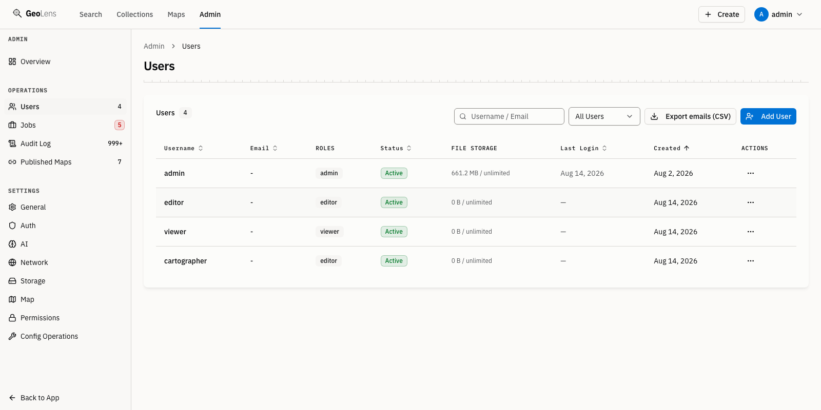 GeoLens admin users page showing the user list with role assignments, approval status, and per-user actions