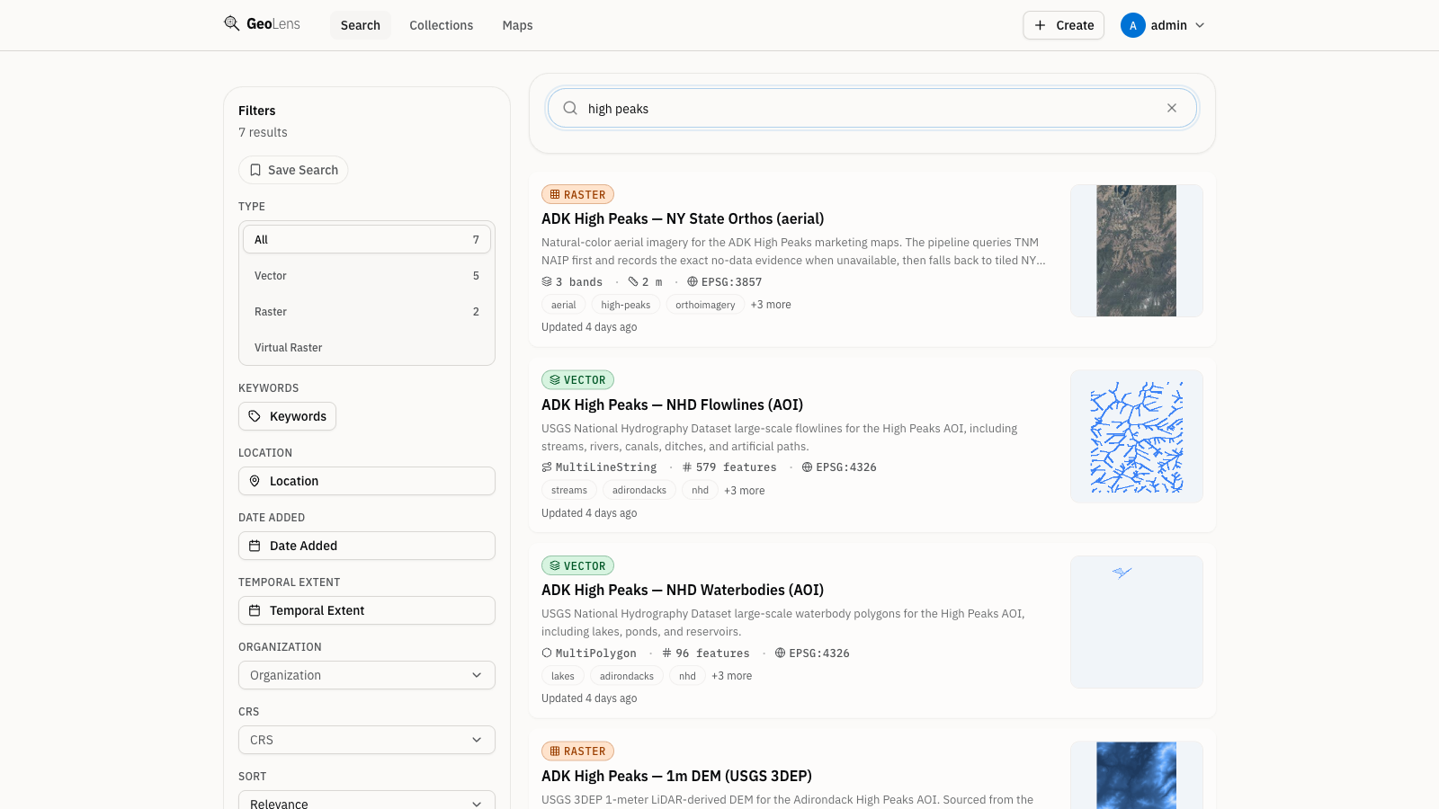 GeoLens catalog search page showing dataset cards beside a faceted filter sidebar — record type (vector, raster, virtual raster, table), keywords, geometry type, and spatial extent